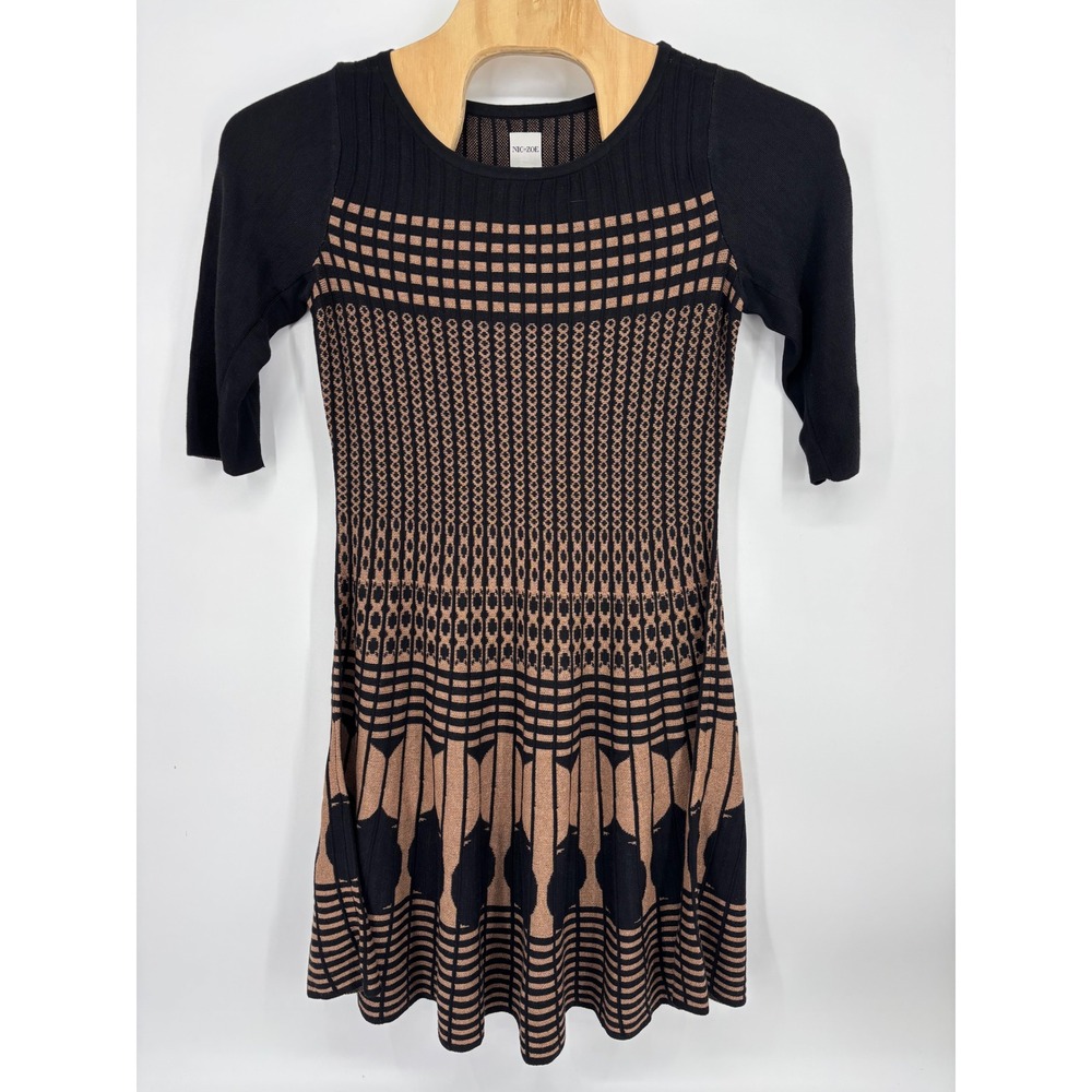 NIC+ZOE Womens Large Black Copper Geometric Knit Fit Flare Dress Elbow Sleeve